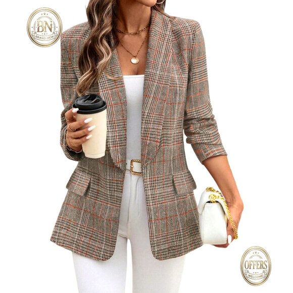 Polyester Shawl Collar Plaid Blazer Business Casual Open Front